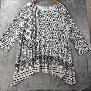 Womens XXL Zenergy Tribal Tunic Top Black White Asymmetrical Hem‎ Stretch